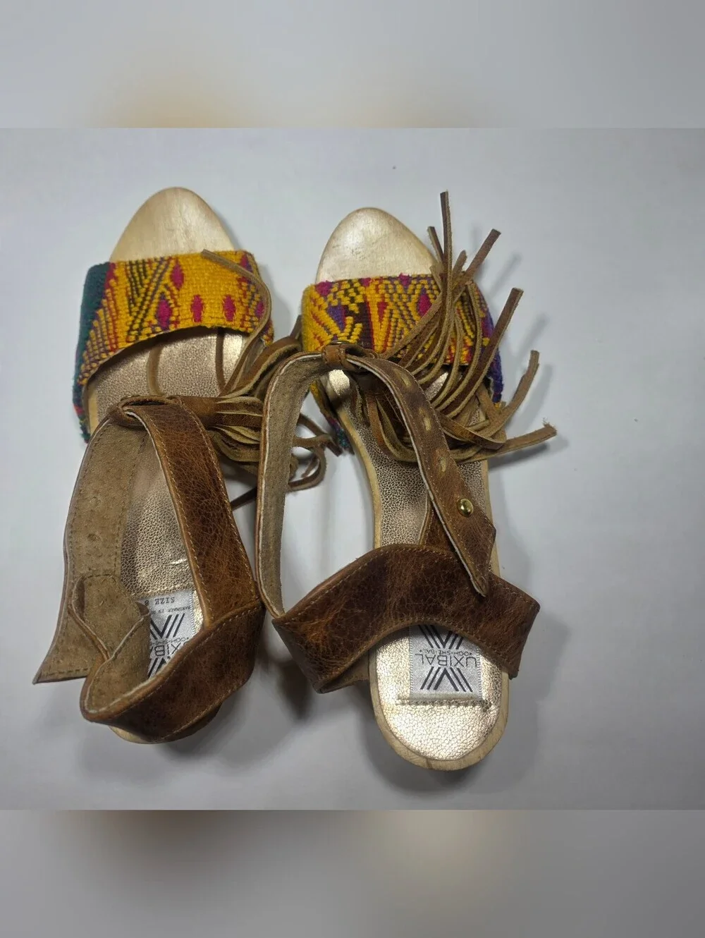 Uxibal Womens Size 8 Leather Ankle Strap Wooden Heel Colorful Woven Sandals Boho